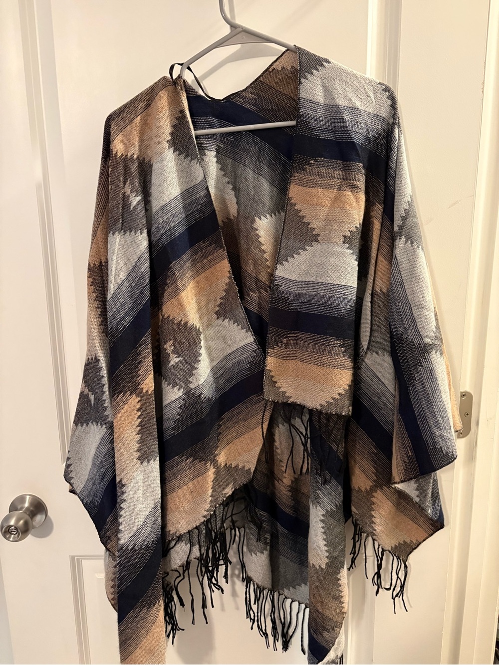 Geometric Fringe Poncho in Navy, Tan & Gray